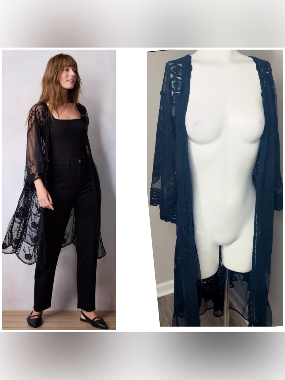 Rachel Zoe Sheer Black Lace Duster Kimono- ONE SIZE